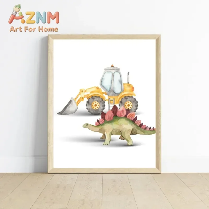AZNM Watercolor Dinosaur Construction Truck Canvas Wall Art Excavator Digger Vehicle Kids Boys Art Print Unframed Canvas Poster