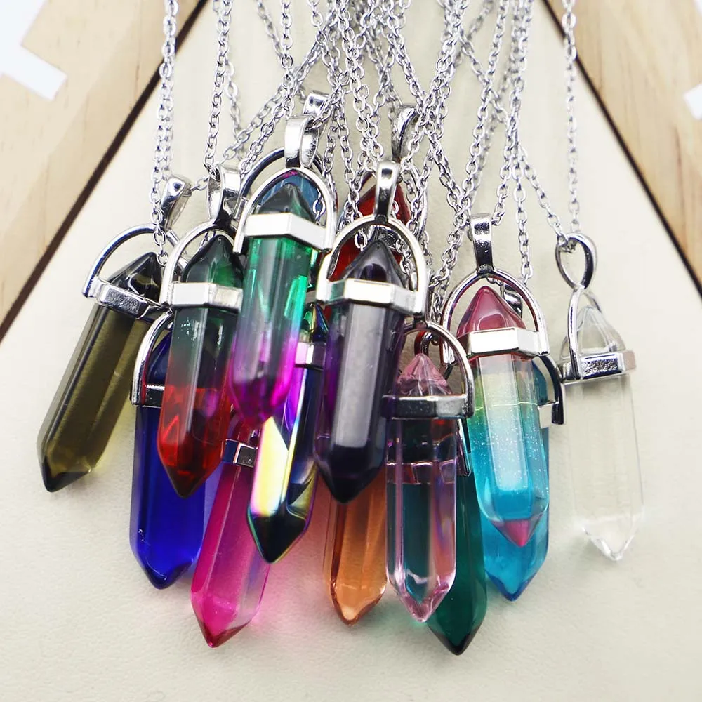 Natural Agate Glass Hexagonal Column Point Silver Chain Necklace Cylindrical Pendant Charms Minerals Healing Crystal Diy Jewelry