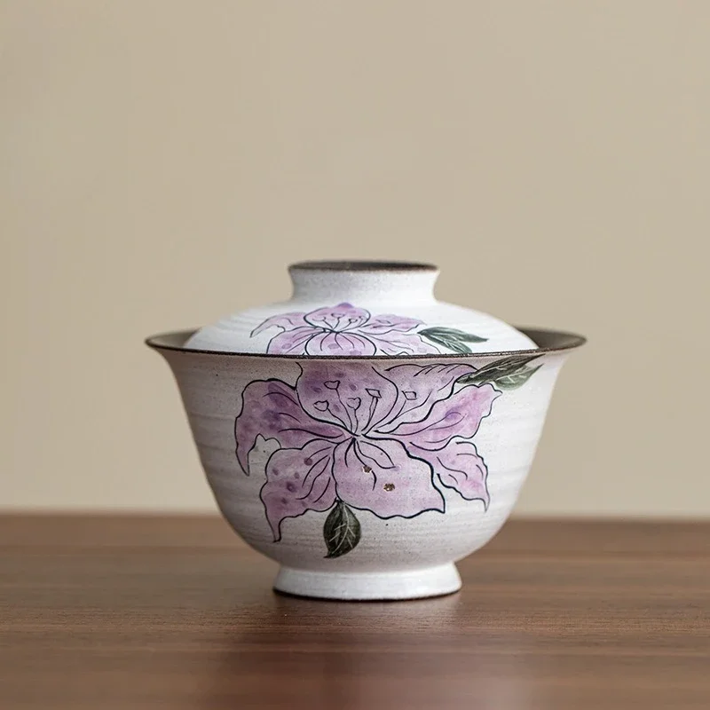Coarse Pottery Hand-painted Iris Flower Cover Bowl Tea Making Tea Bowl Anti-scalding Tea Sea Divider Ceramic Dry Brewing Plate