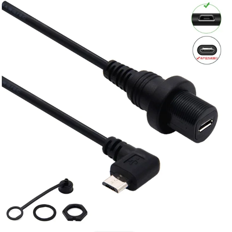 Extension Waterproof Cable 1m IP67 Micro-USB 2.0 5 Pin 90 Degree Male to Female Car Ship Dashboard Panel Mount Connector