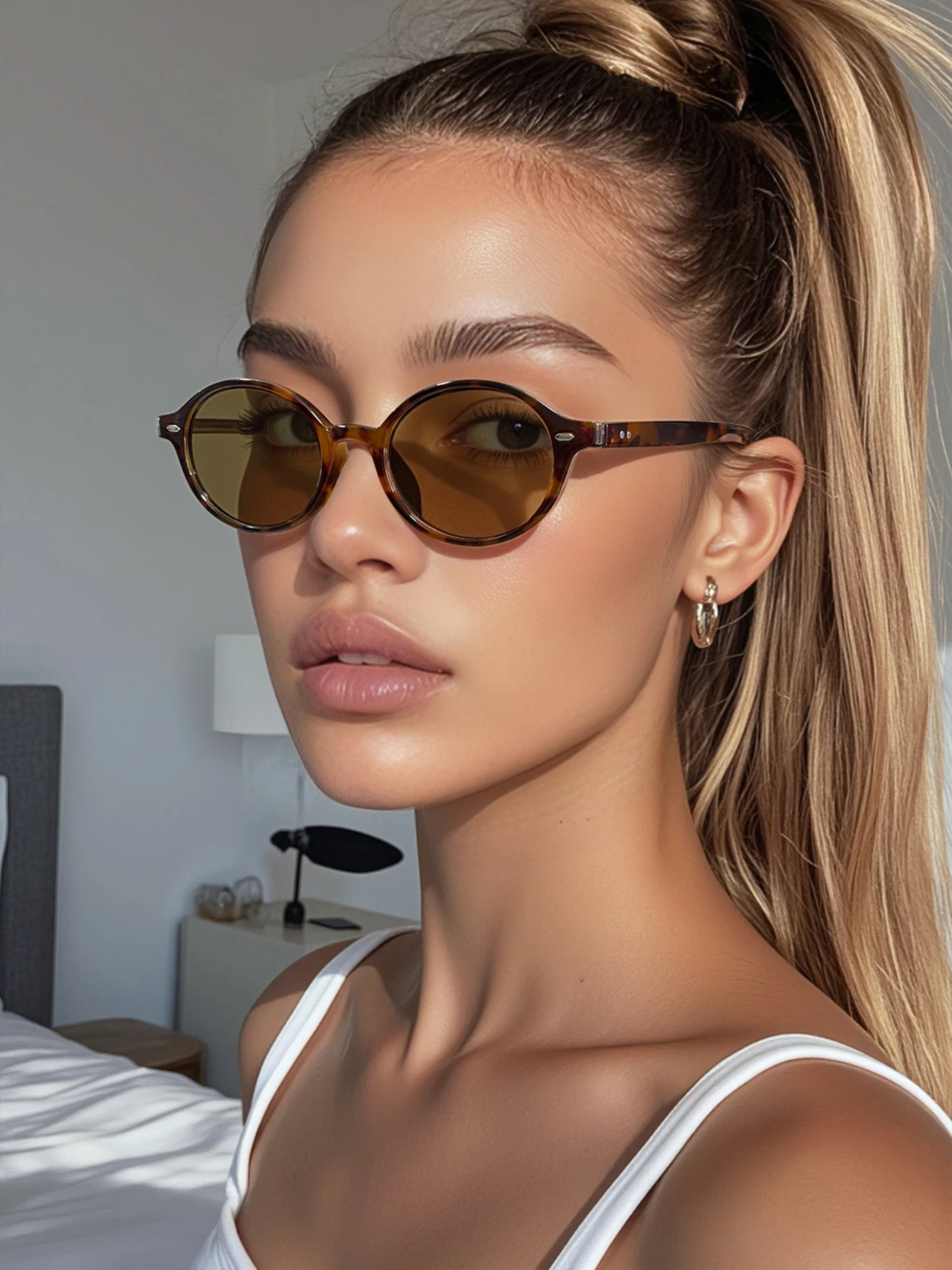 

Small V-face narrow-frame leopard print tea-colored retro-style sunglasses for women
