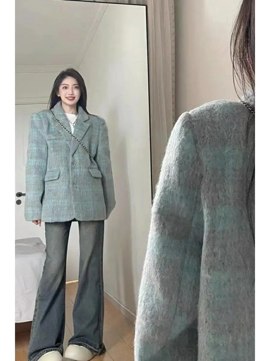 الرجعية منقوشة معطف الصوف المرأة فضفاضة تناسب تصميم الراقية المشاعر العلامة التجارية زر السيدات قسط Sle تخفيف Faion #4