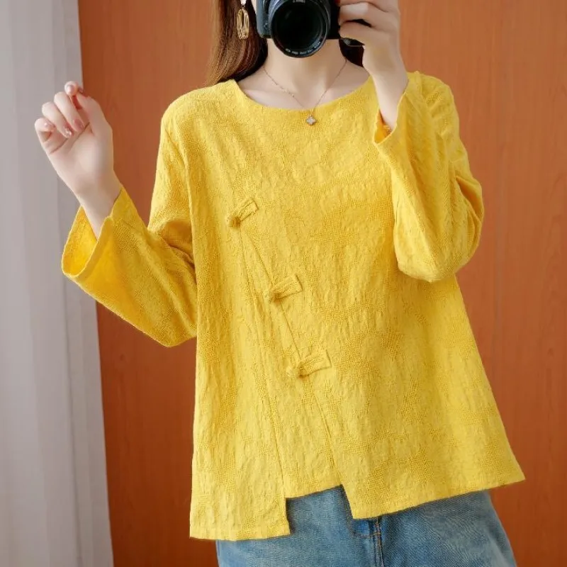 Clothes for Women Chinese Style Vintage Jacquard Elegant Cotton Linen Blouse Ladies O Neck Long Sleeve Loose Irregular Chic Tops