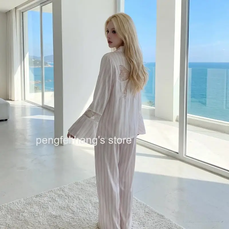 Women 2026 French Style Ice Silk Pajama Set Hollow Butterfly Stripe Flare Sleeve Long Sleeve Long Pants Homewear Sleepwear