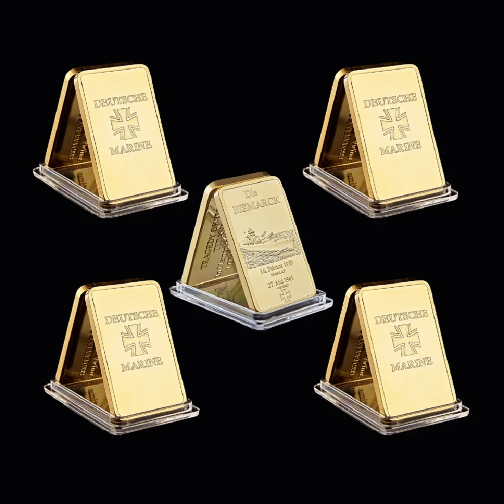 

5PCS Deutsche Marine Die Bismarck Battleship Gold Plated Bullion Bar Germany Navy 1OZ Bar Collection