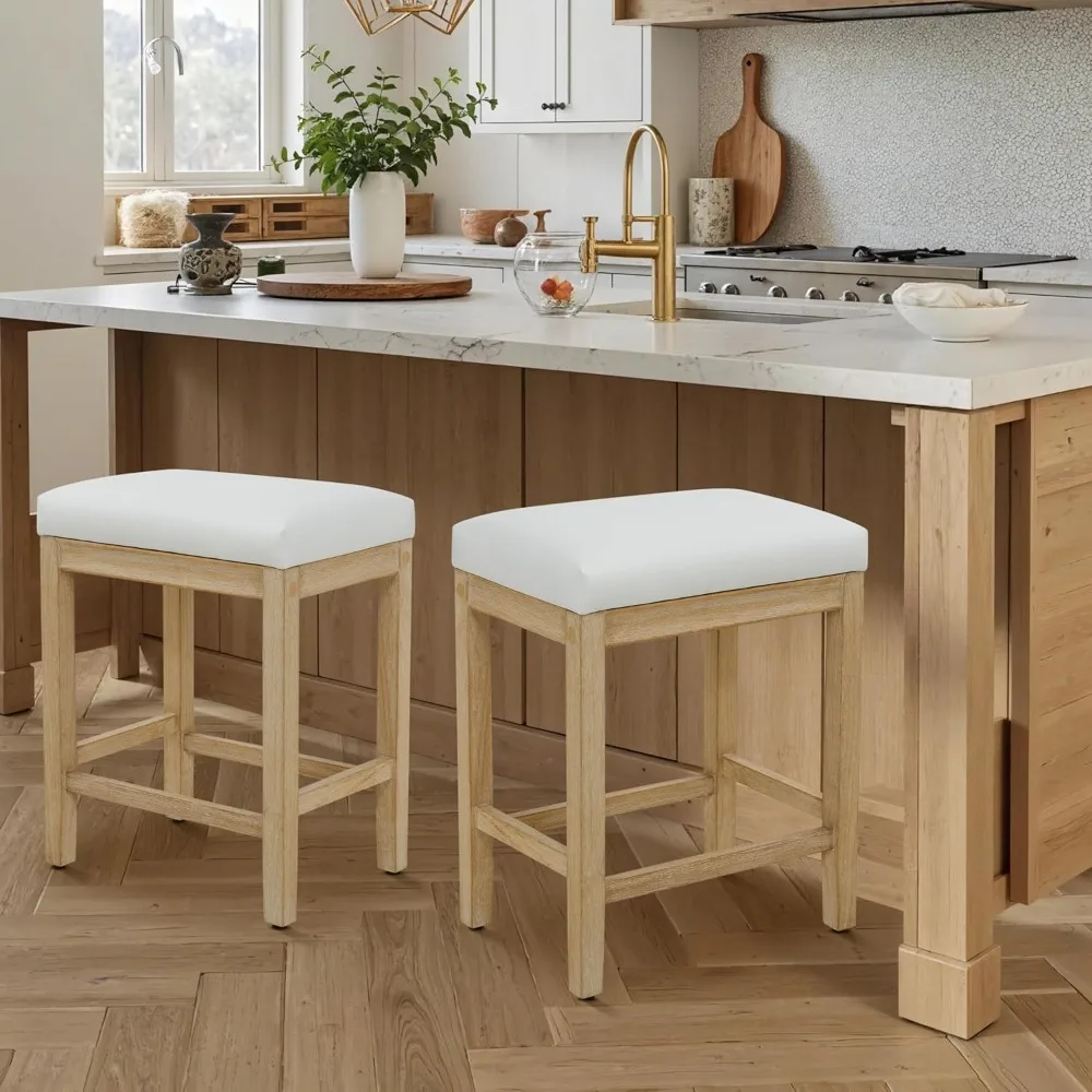 เก้าอี้บาร์สีขาวแบบไม่มีพนักพิง ชุด 2 ตัว สไตล์โมเดิร์นฟาร์มเฮาส์ หุ้มด้วยหนังเทียมสำหรับเคาน์เตอร์ครัว