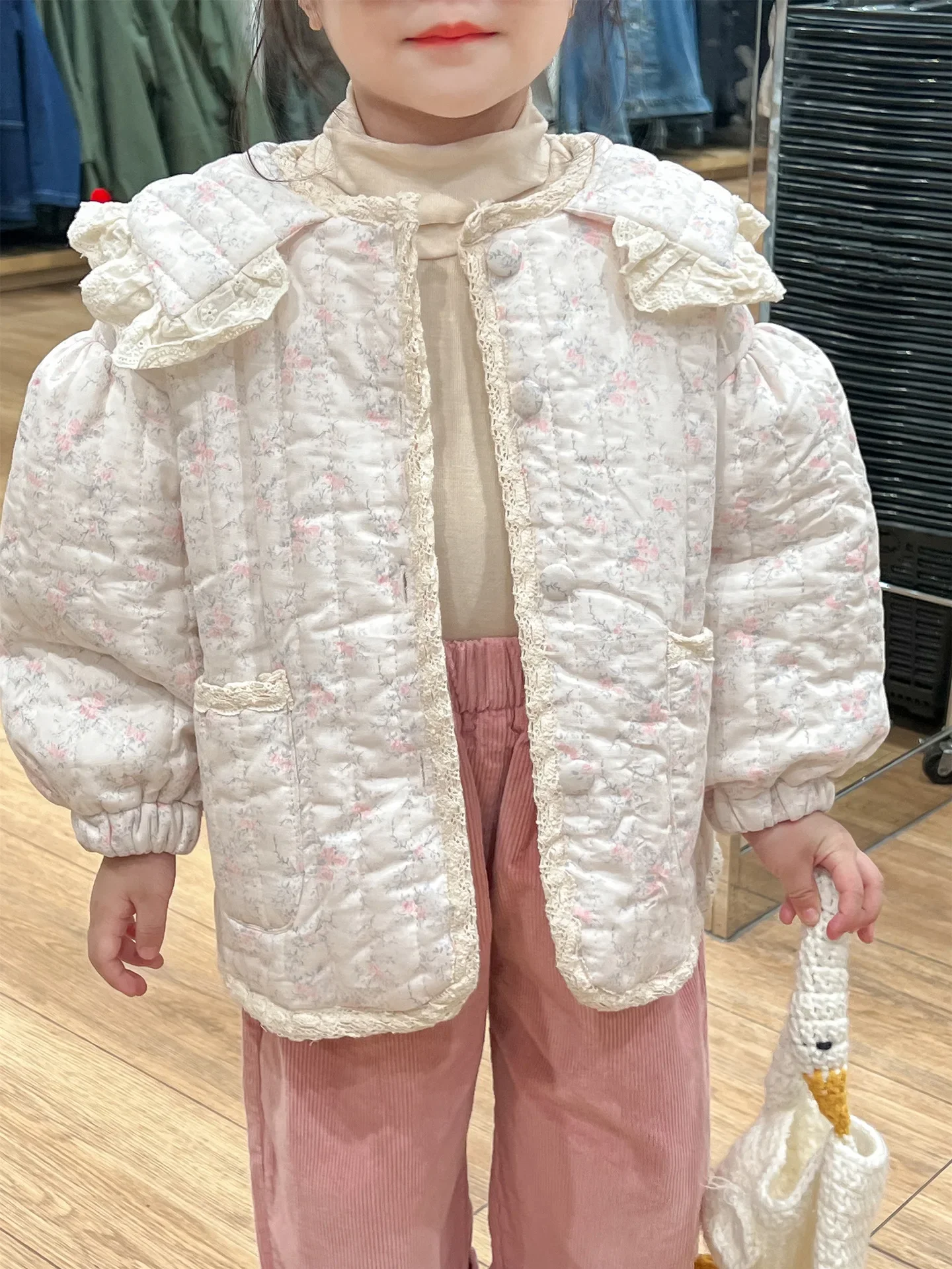 Kids Girls Winter Coat 2024 Korean Toddler Girls Cute Lace Pink Flowers Cotton Jacket Roupa Infantil Pra Menino