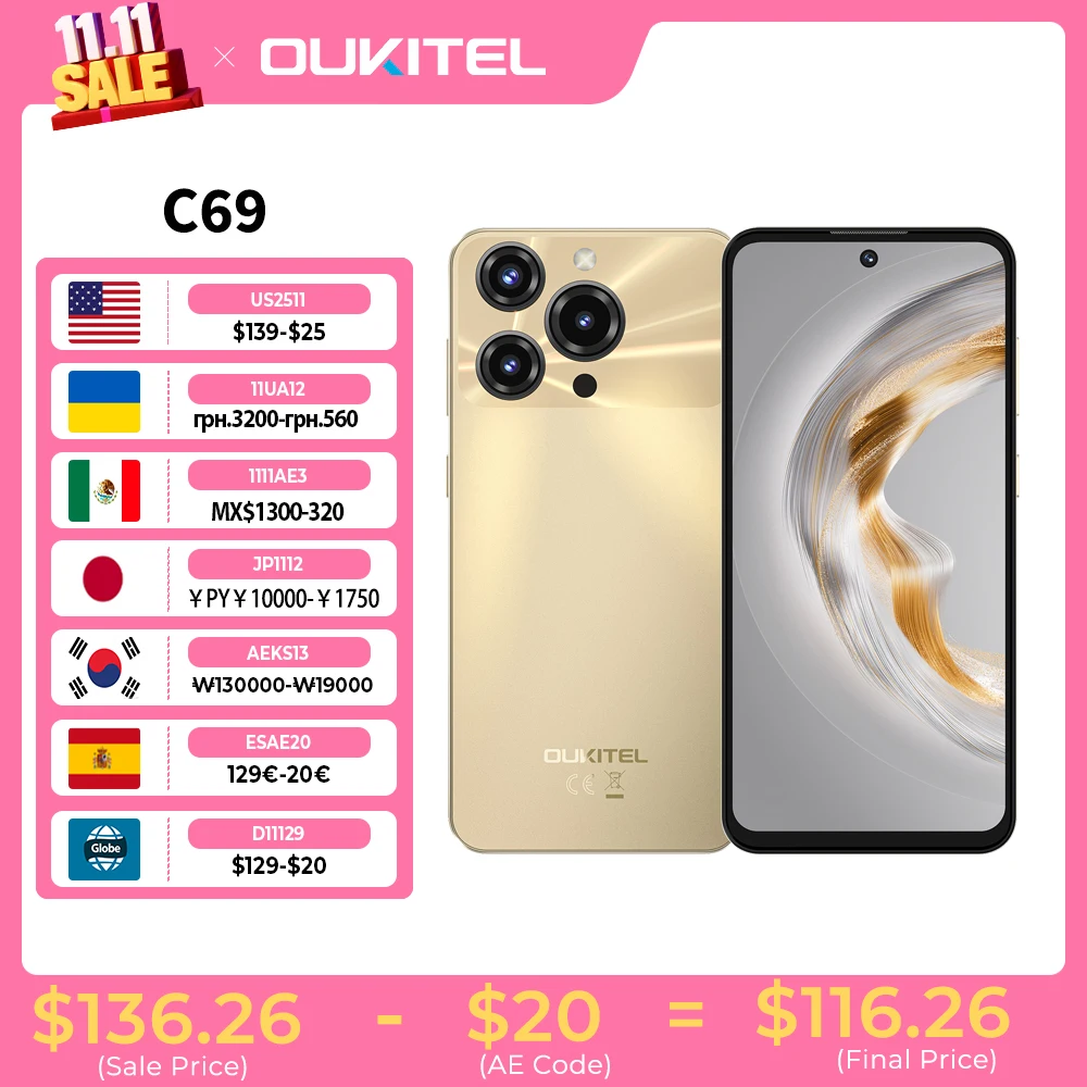 هاتف OUKITEL C69 Android 15 الذكي، شاشة 7.2 بوصة HD + شاشة كبيرة 24 جيجابايت (8 + 16) + 256 جيجابايت، 6000 مللي أمبير في الساعة NFC، كاميرا رئيسية 120 هرتز، 64 ميجابكسل