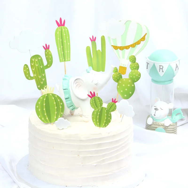 6pc Green Cactus Cake Topper Happy Birthday Anniversary Cupcake Toppers Kids Party Wedding Decor Baby Shower Baking Supplies DIY