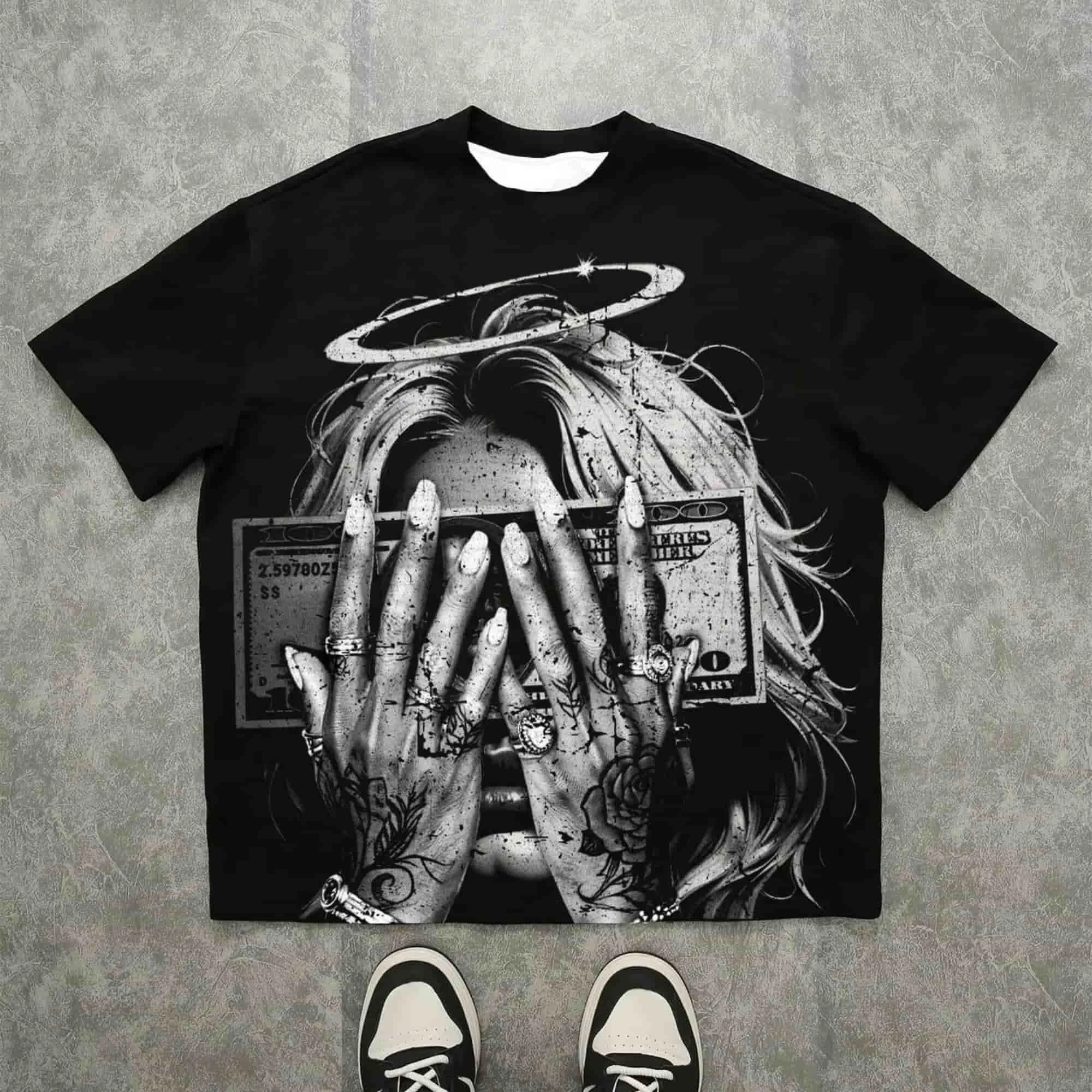 Summer Men Black Oversized Street T Shirt Vintage Figure Print American Hip-Hop Trendy Short-Sleeve T-Shirt