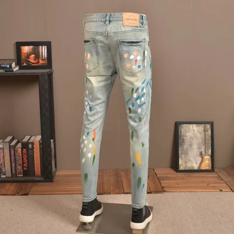 High Street Fashion Men Jeans Retro Blue Elastic Stretch Slim Fit Ripped Jeans Men Painted Designer Hip Hop Pencil Pants Hombre