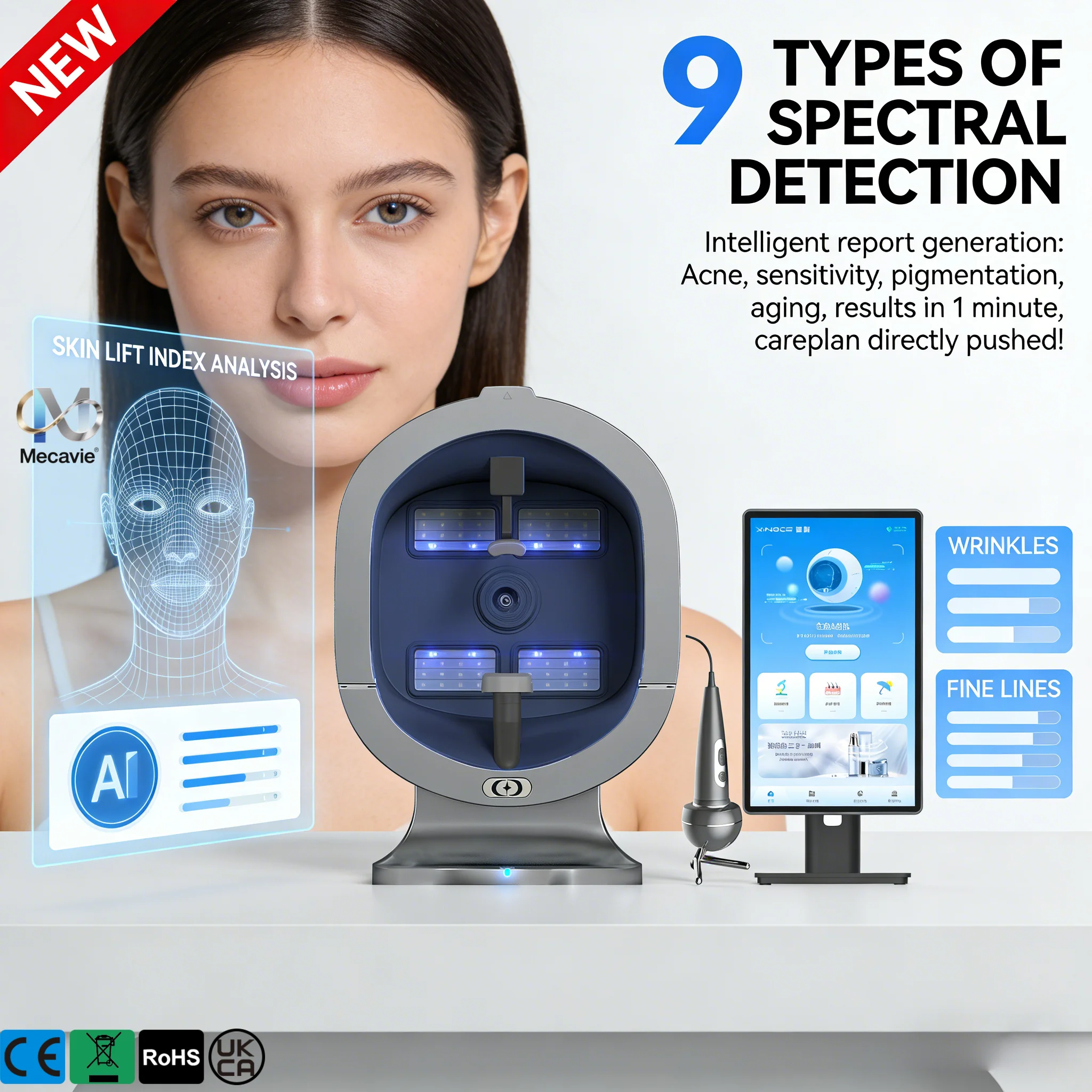 

Анализатор кожи X5 11Spectrum: Профессиональная система диагностики кожи для салонов, анализ в реальном времени, 3D-симуляция