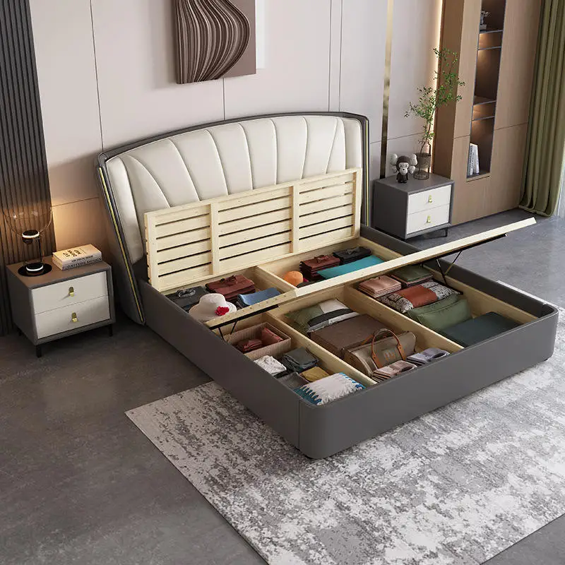 MS-KEHUI Leather Double Bed Deluxe King Size Headboard Tufted Faux Cylinder-bed-leather-sewing of Storage Leather Double Bed&