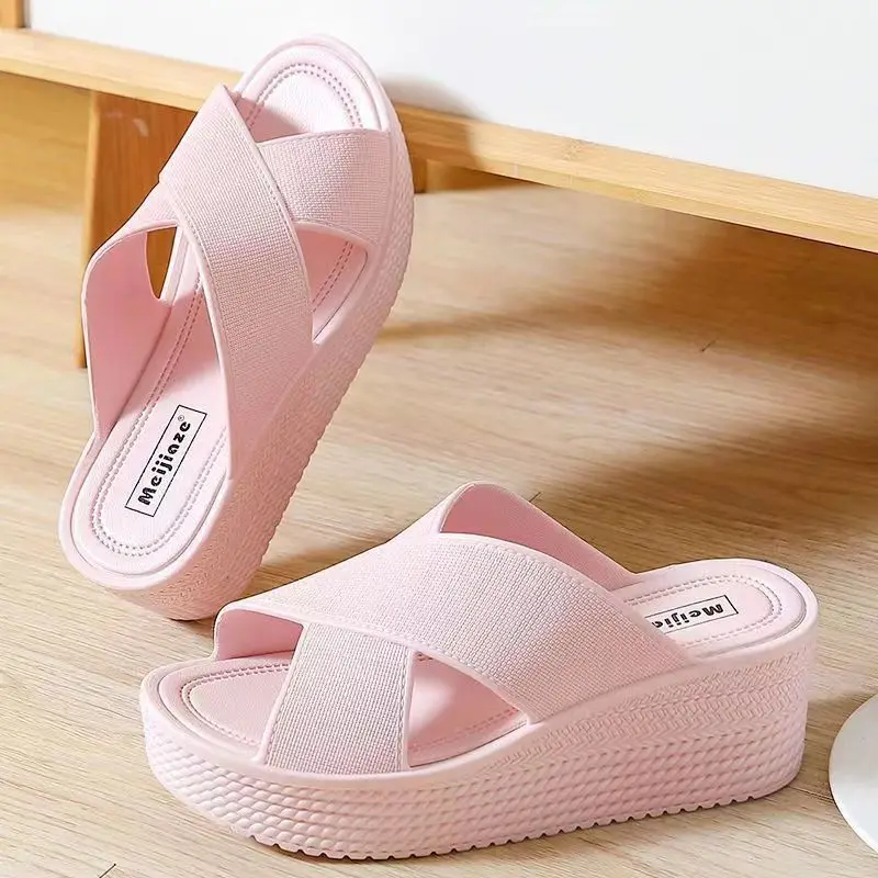 2024 Summer New Woman\'s One Word Hollow Wedge Slipper Thick Sole Non Slip Home Slip Outdoor Beach Slippers Bathroom Slippers