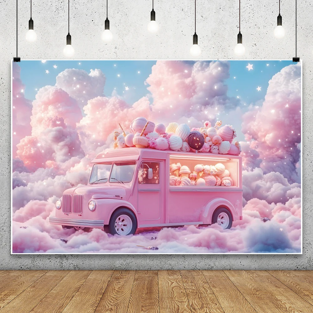 รถบรรทุกไอศกรีมเมฆสีชมพูการถ่ายภาพพื้นหลังร้านขนมหวาน Dreamy ดาวสาววันเกิดเค้ก Smash Photocall ฉากหลัง