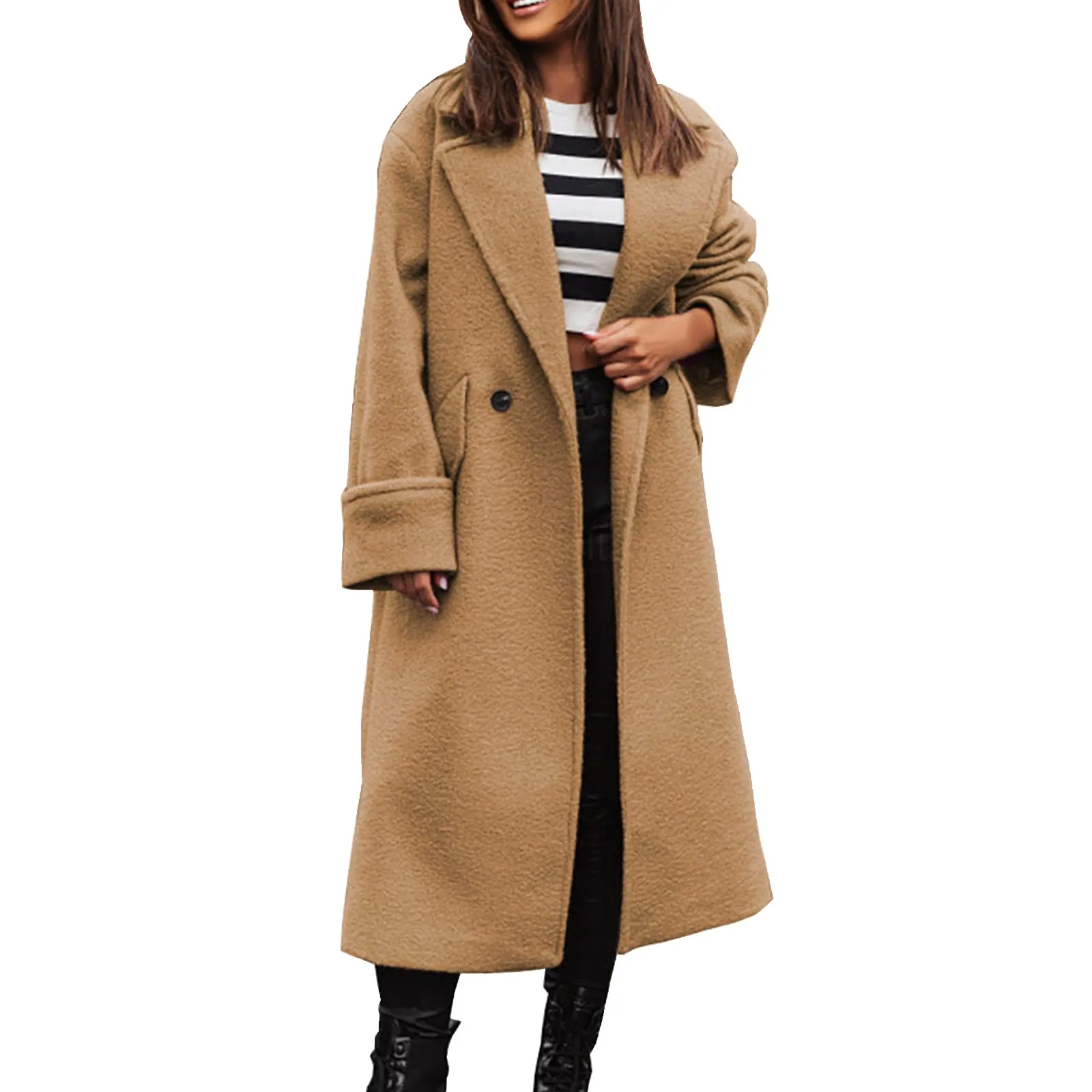 Ladies' Casual Daily Autumn And Winter Collar Woolen Coat With Pockets Loose Fitting Warm Long Sleeve Casual Fleece Fuzzy Jacket