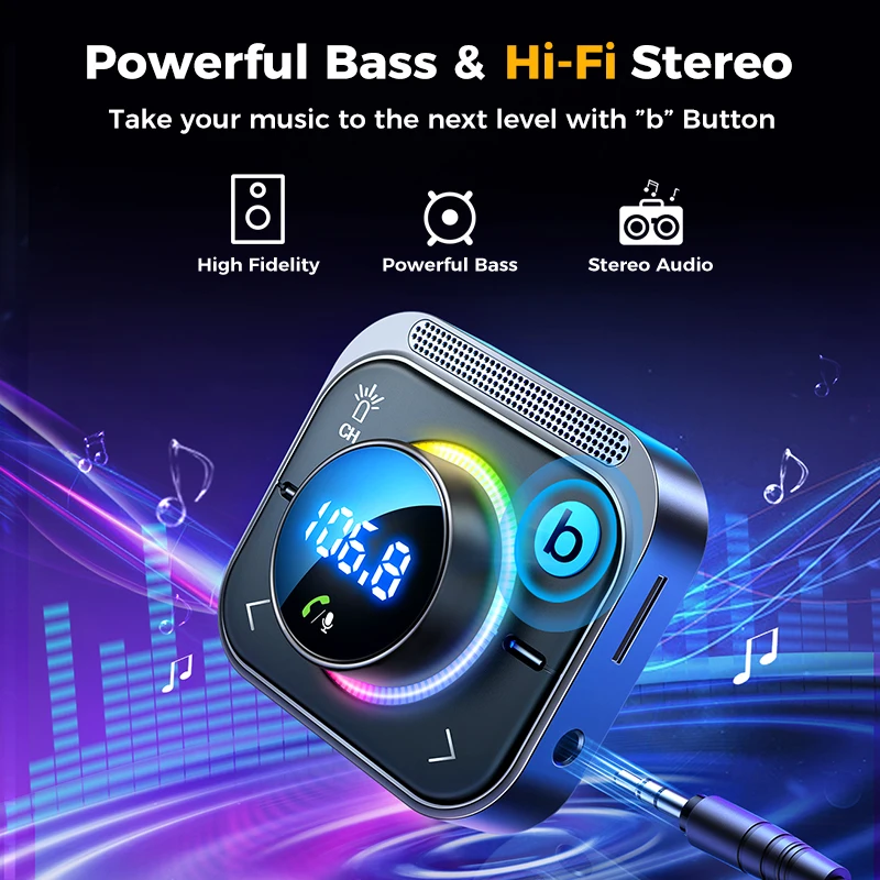 Joyroom 96W Bluetooth 6.0 Car FM Transmitter, 3-Port PD+QC 3.0 Fast Charger with LED Display & Bass Boost AUX Adapter