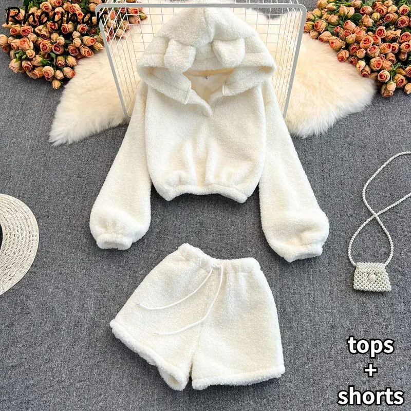 

2 Piece Sets Womens Outfits Hooded Crop Tops Sweet Shorts Kawaii Clothes Cozy White Japanese Korean Fashion Winter Minimalist BF