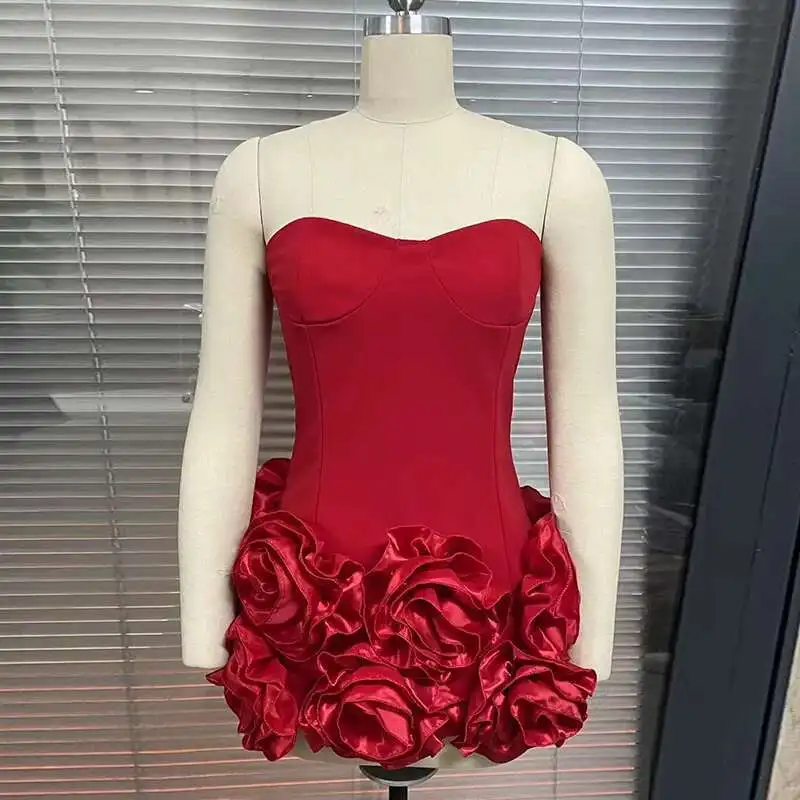 Sexy Flower Bandage Evening Club Party Dresses Women 2025 Summer Autumn Robe Off Shoulder Backless Bodycon Mini Short Dress Red