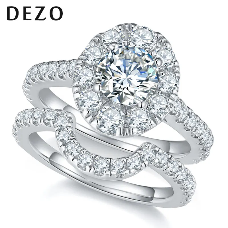 

DEZO Total 2ctw Moissanite Wedding Rings Set For Women Solid 925 Silver Halo Engagement Ring Round VVS1 D Color GRA Certificate