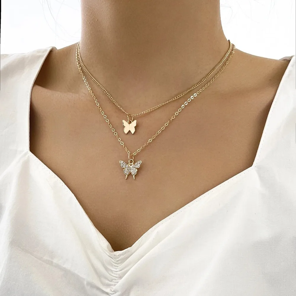 Fashion Gold-plate Chain Full Crystal Butterfly Pendant Necklace For Women Boho Vintage Choker Jewelry Party Gift Wholesale