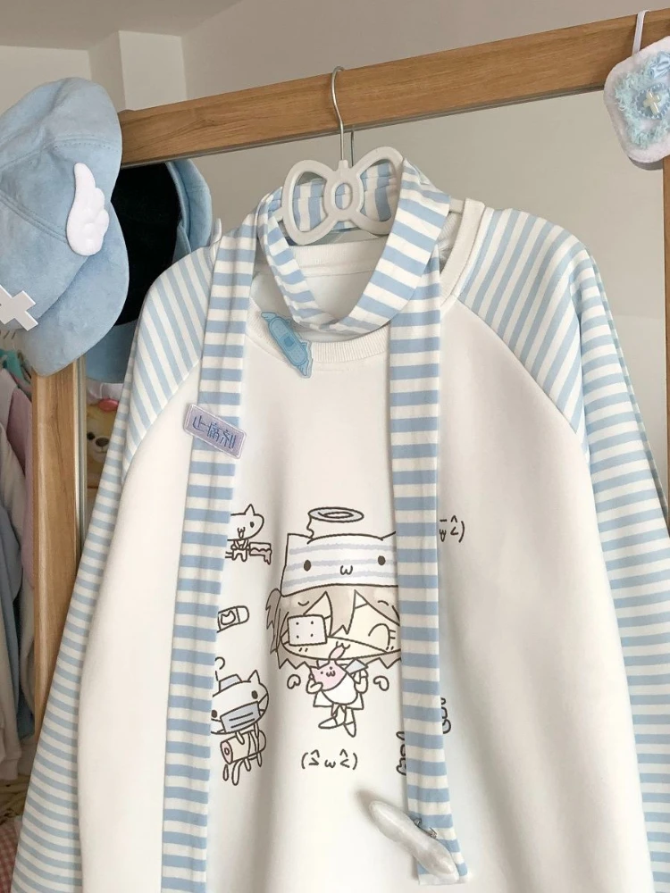 Harajuku Kawaii كم طويل تي شيرت المرأة عادية الكرتون طباعة مخطط الأعلى الحلو اليابانية لطيف ربيع الخريف 2025 وصول جديد #4