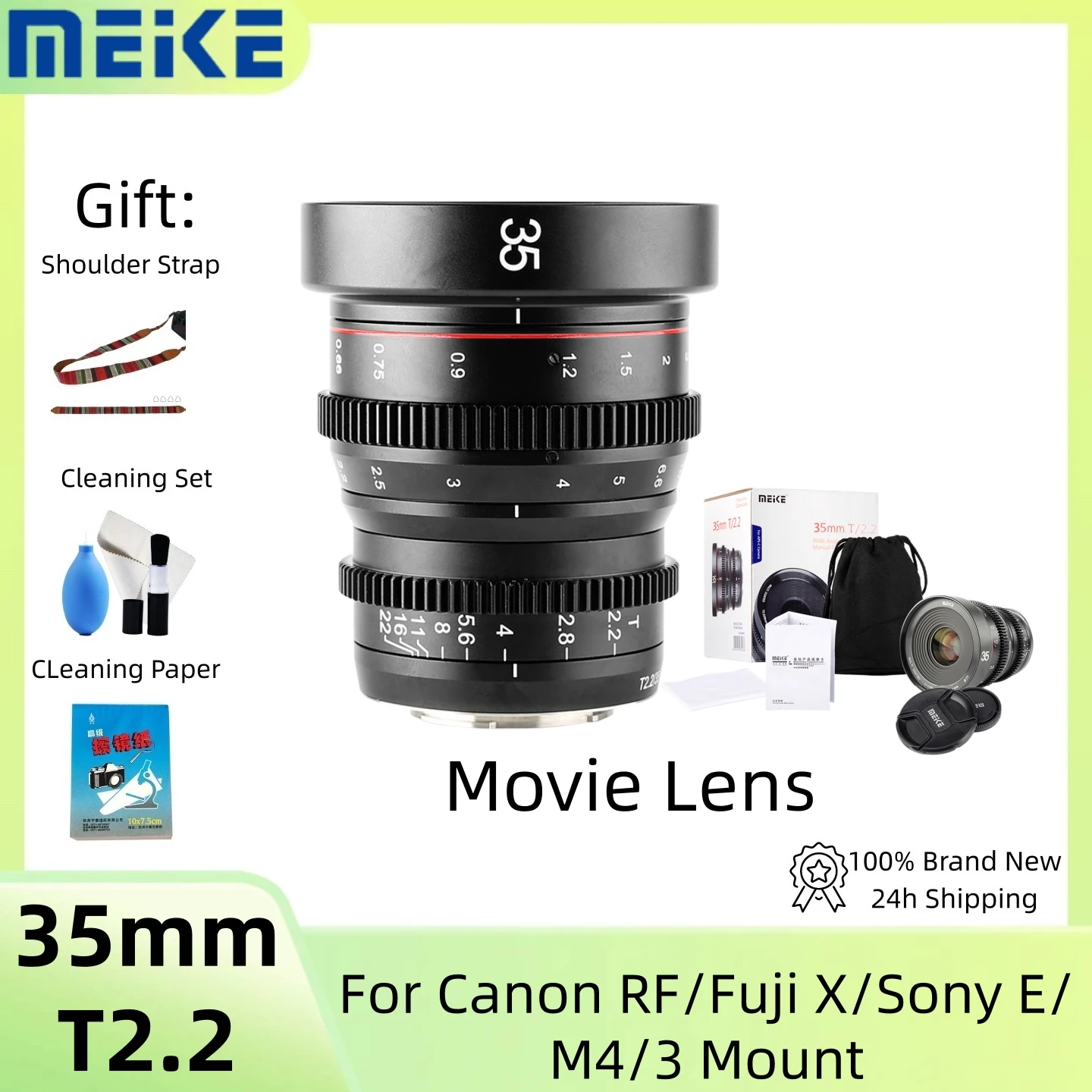 MEIKE 35mm T2.2 S35 Manual Cinema Prime APS-C Lens, Multi-Mount Option for Sony E/Canon RF/Fuji X/M43 GH4/GH5/X-Pro3/ZV-E10/R7