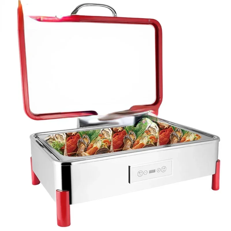 New arrival 9L red chaffing dish rectangle glass lid buffet food warmer for hotel & restaurant