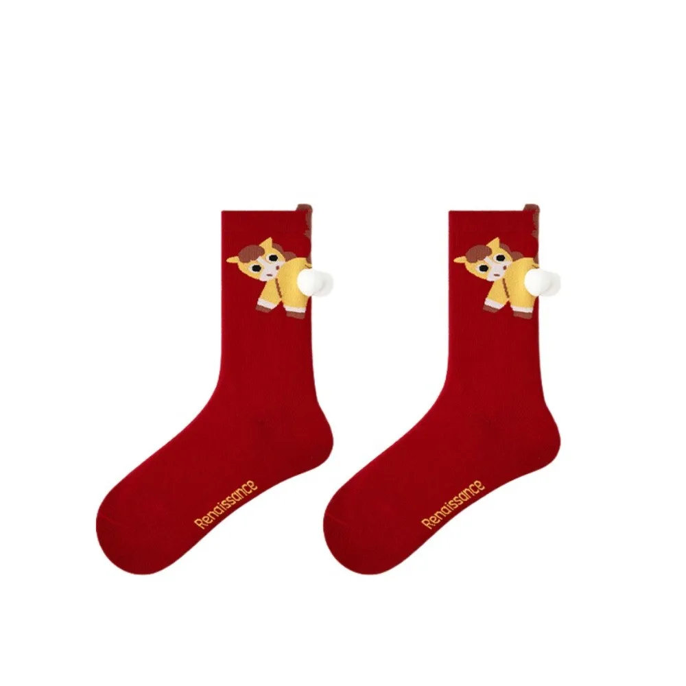 

Creative Cotton New Year Socks Winter Autumn Mid Calf Zodiac Year Socks Good Luck Cartoon Red Tube Socks Gift