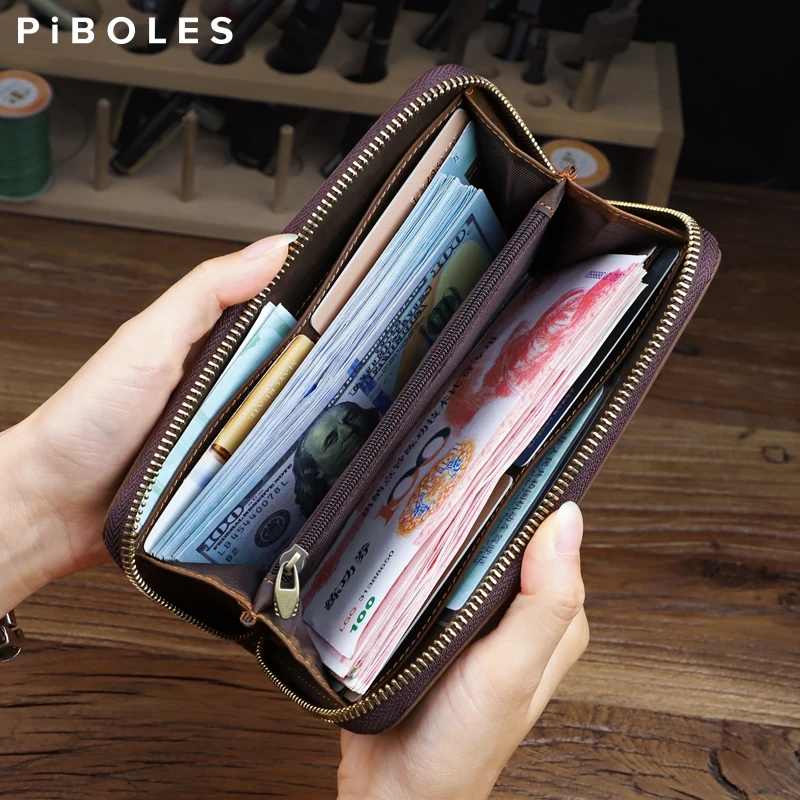 

Top Layer Cowhide Wallet Men Long Purse Male Cellphone Bag Zipper Business Card Holder Wallet Case Money Card Bag 8 Position