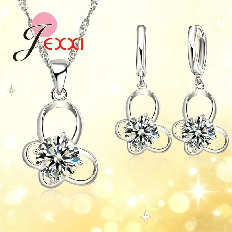 

Female CZ Crystal Hollow Butterfly Earrings Necklace Pendant 925 Sterling Silver Jewelry Sets For Women Girls Wedding Party