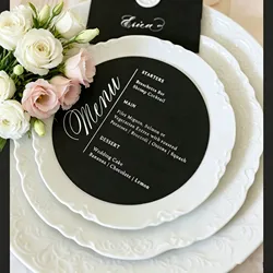 10pcs Elegant Black Paper Wedding Menu Invitation Card with White Ink Print Round Shape Custom Thank you Card Design