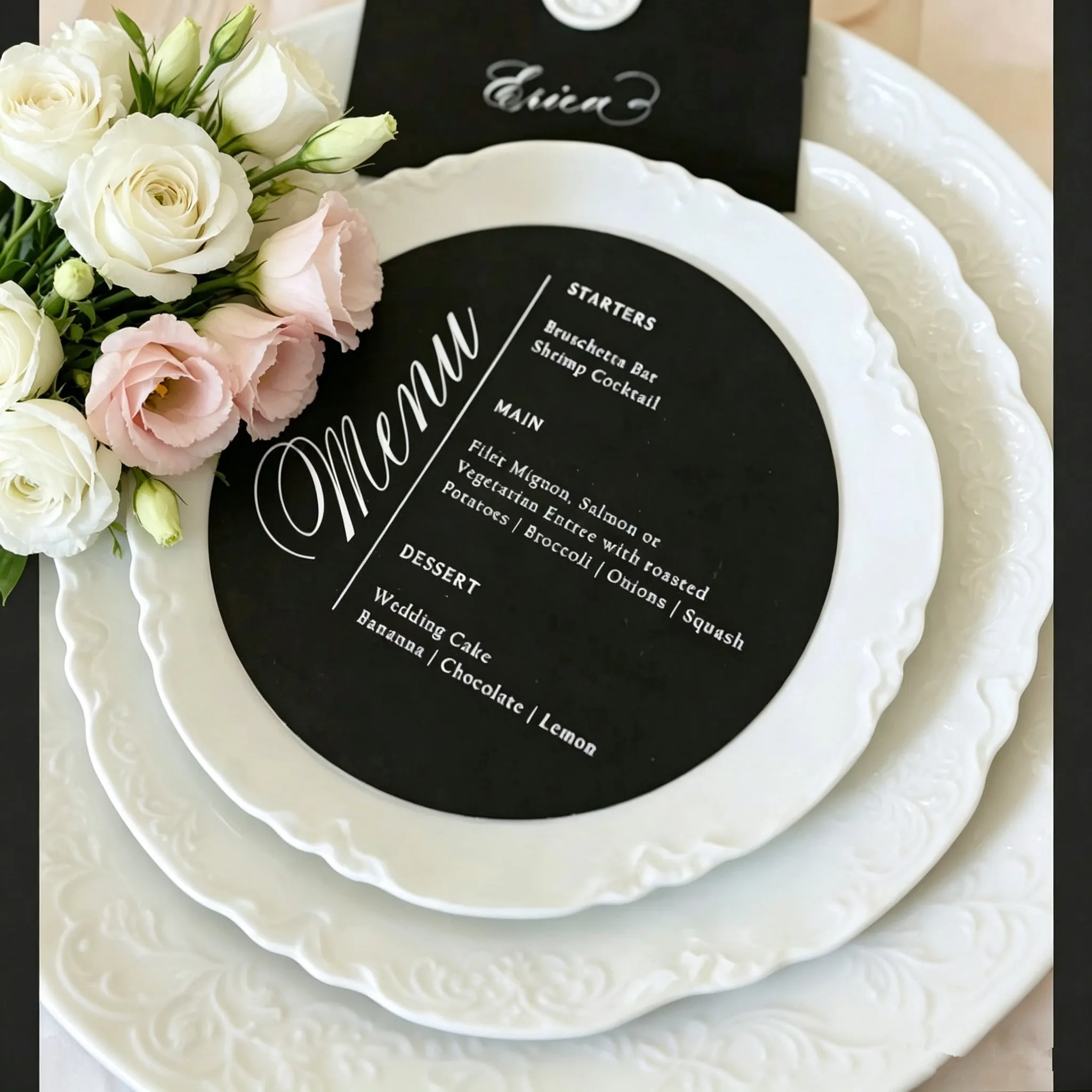 10 szt. Eleganckie czarne papierowe zaproszenie na menu weselne z nadrukiem z białego tuszu Okrągły kształt Niestandardowy projekt kartki z podziękowaniami