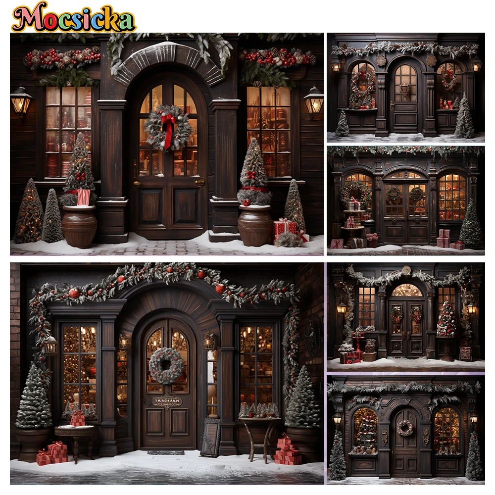 

Mocsicka Christmas Photography Background Winter Brown Door Xmas Wreath Holiday Party Family Kids Photo Backdrops Studio Props