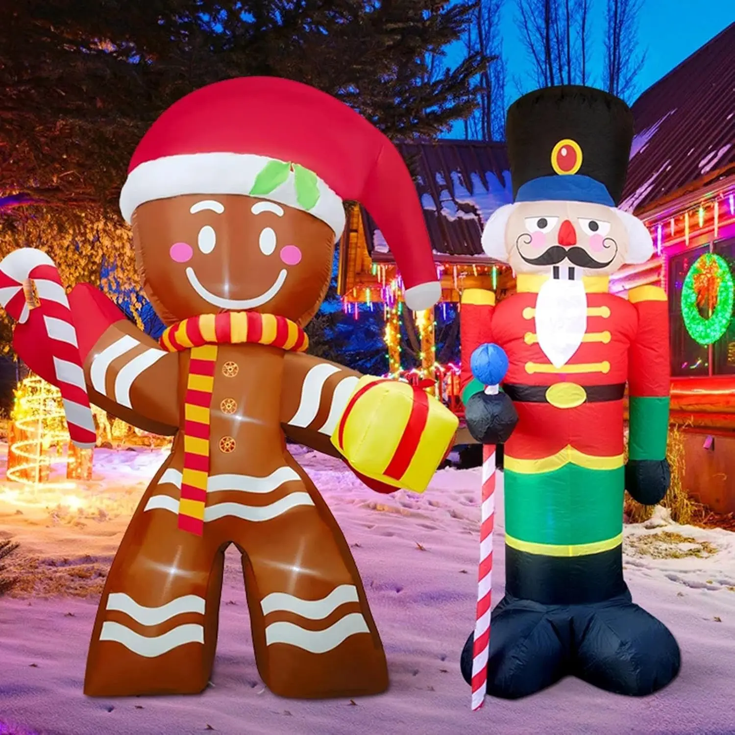 

8FT Christmas Inflatables Decoration Toy Gingerbread Man Gift Box Built-in LED Lights Christmas Decorations for Outdoor Indoor