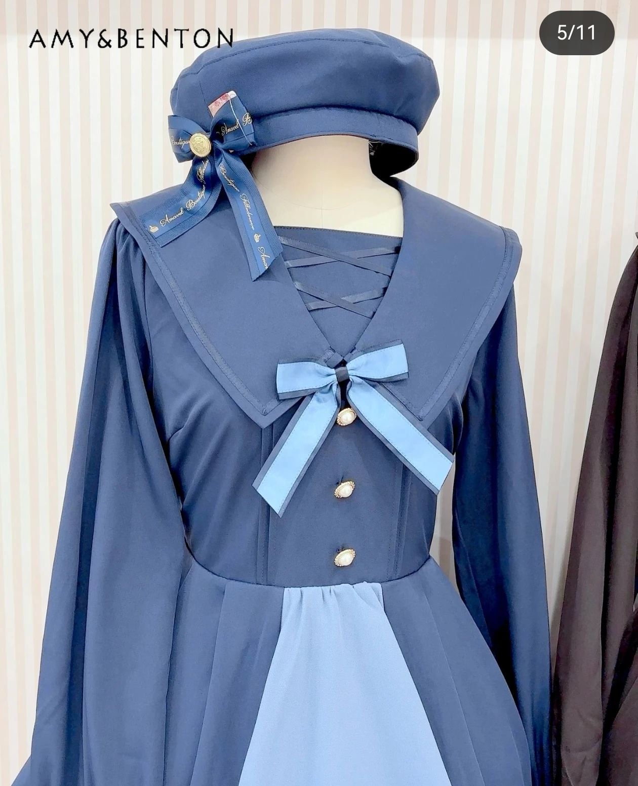 Japonês doce cruz bordado em camadas vestido de manga longa estilo universitário bonito gola marinha arco magro vestido de comprimento médio para mulher