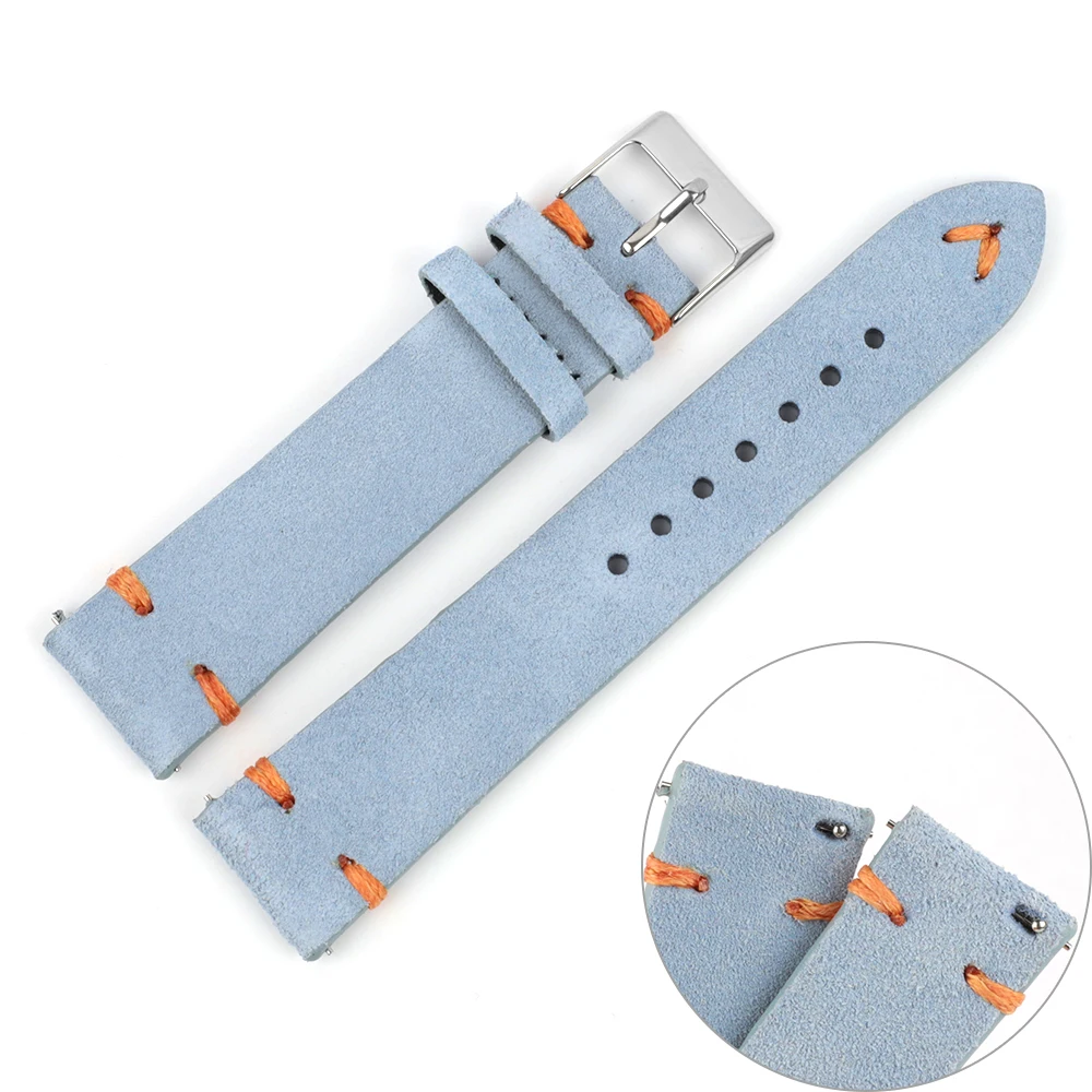 Suede Leather Watch Band 18mm 20mm 22mm 24mm Light Blue Watch Strap Replacement Wristband Handmade Stitching Watchband