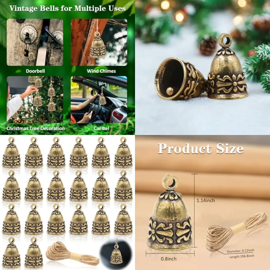 

20 медных антикварных колокольчиков, маленькие колокольчики, ветряные колокольчики, колокольчики для рукоделия, дверные колокольчики с ремешком для дома, школы, офиса, свадьбы, Рождества