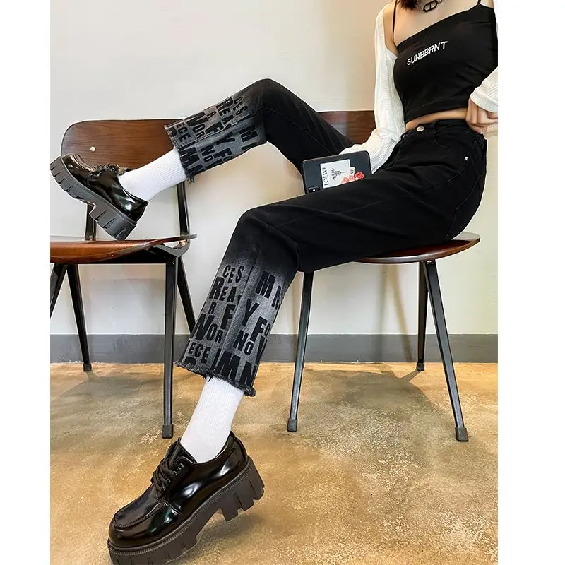 Black Straight Leg Jeans Women Spring New High-rise Cotton Soft Skinny Nine-minute Pipe Pants Famale Denim Ankle-length Trousers