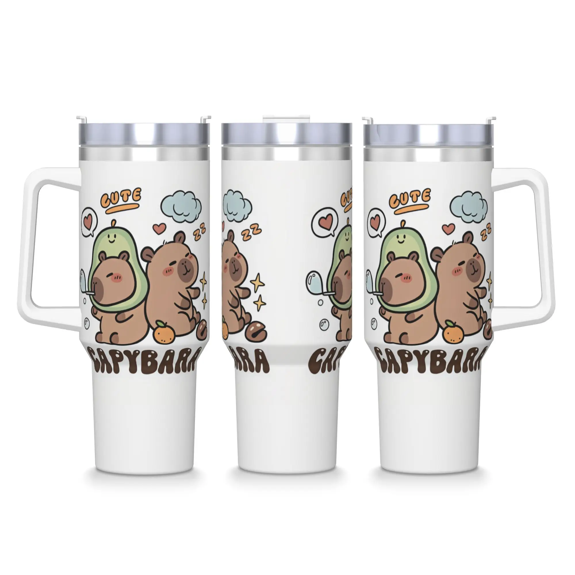 Cute Two Capybara Avocado Orange Star Cartoon Stainless Steel Tumbler  Travel Mug With Straws and Lid Large Capacity Car Mugs