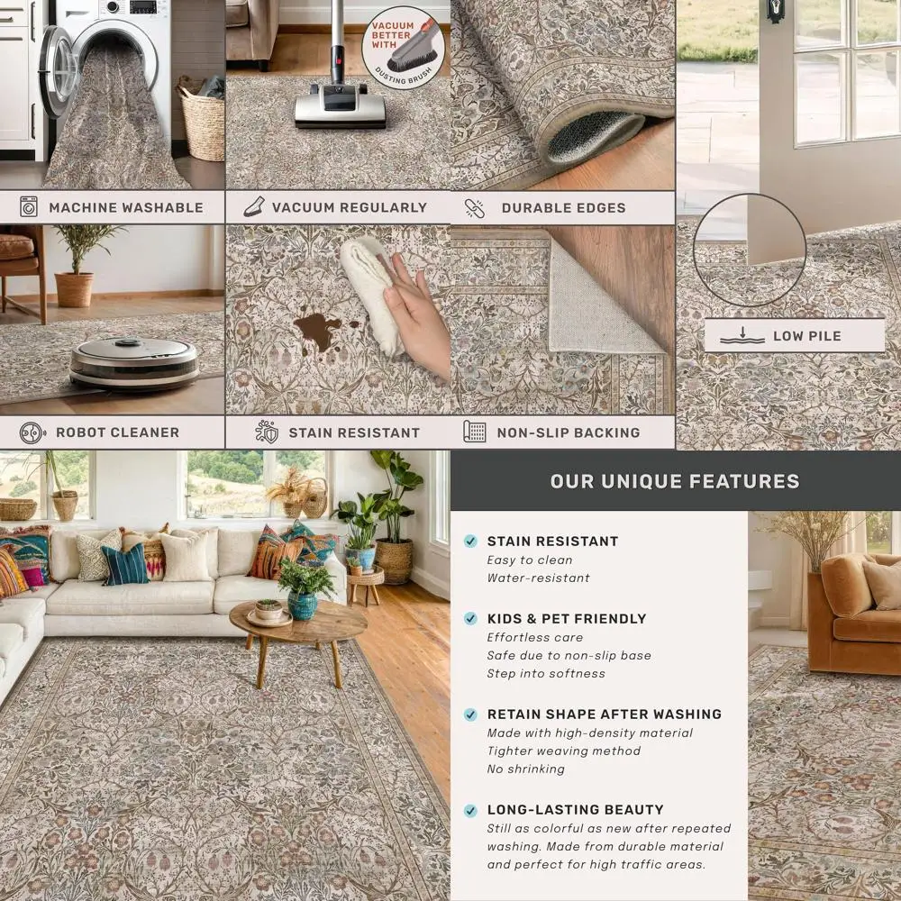 

Ковер в восточном стиле 5x8 футов, цвет мха, моющийся, с низким ворсом, нескользящий, для столовой и гостиной, устойчивый к пятнам, винтажный коричневый дизайн