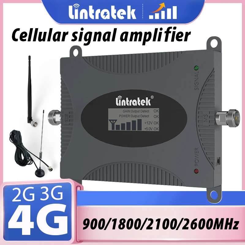 

Lintratek Усилитель сотовой связи 2G 3G GSM B8 900 LTE4G B3 1800 B1 2100 B7 2600 МГц Комплект усилителя сигнала мобильного телефона с 2 антеннами
