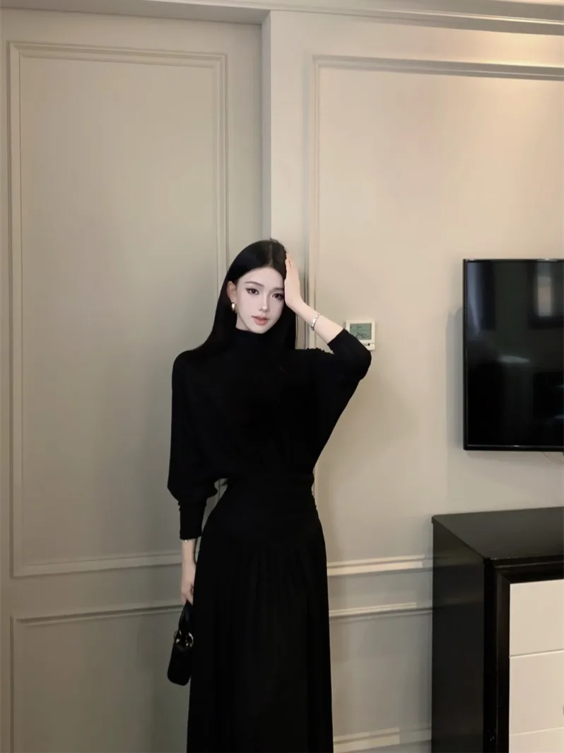 

Ele Long Sve High Ne Long Dr Women's Autumn Winter Slimming Bla Color Waist Cinched A-Line Dr Commute Sle