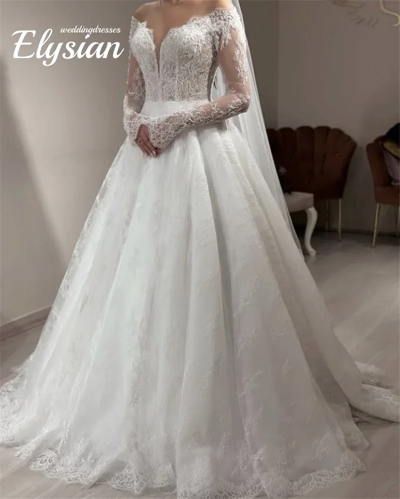 Vestidos de novia de encaje con cuello en V personalizados, mangas largas, cola de corte, apliques de encaje, vestidos de novia de tul con cordones, vestido de novia