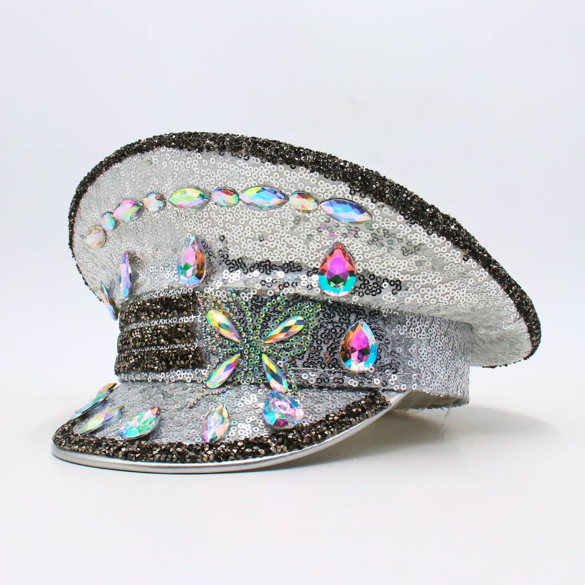 

New Butterfly Handmade Bridal Luxury Rhinestone Military Cap Sequin Burning Hen Do Hat Colorful Party Women Captain Sergeant Hat