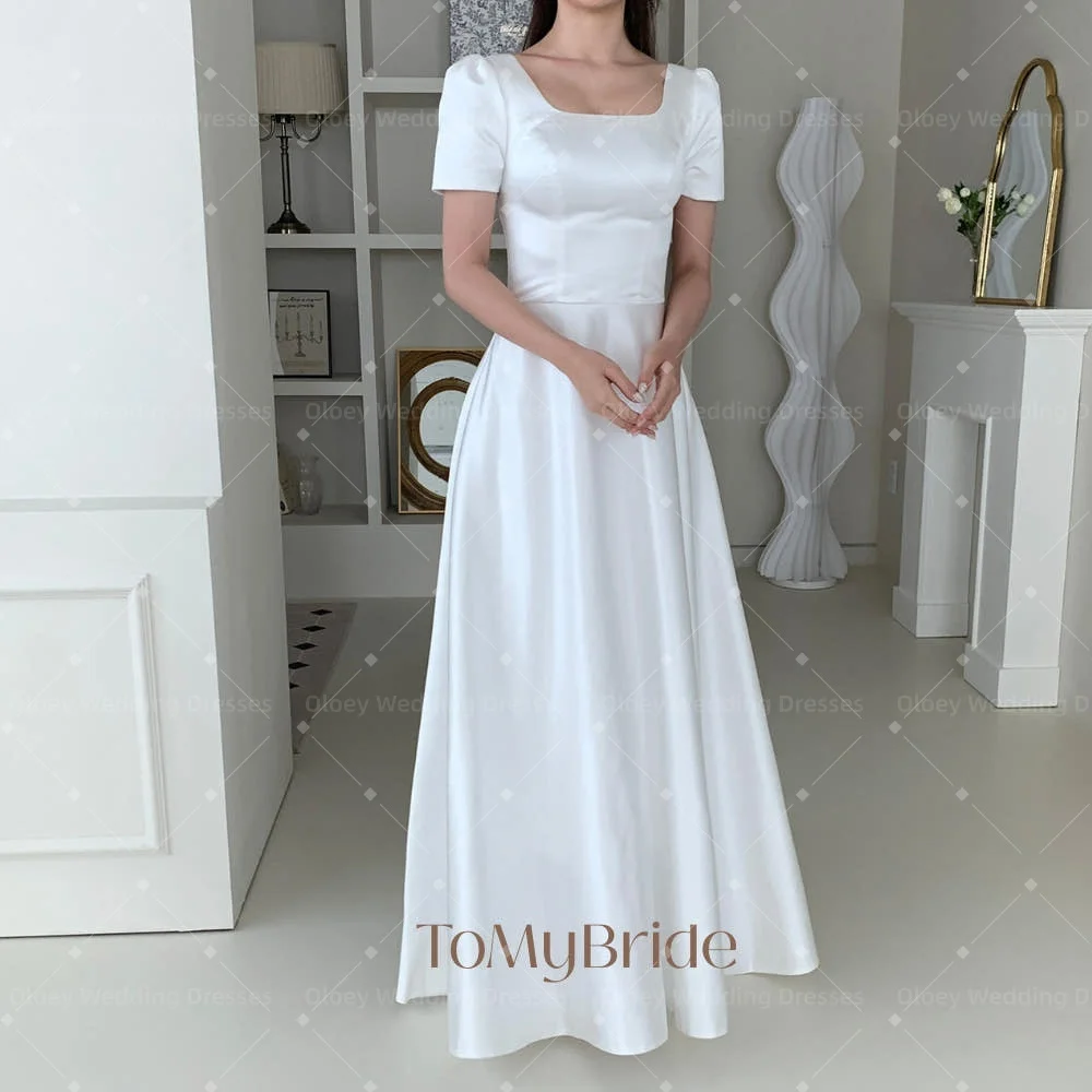 Oloey Customized 2027 Minimalist Square Neck Satin Bridesmaid Dress Short Sleeve A Line Civil Wedding Party Gown Custom Size