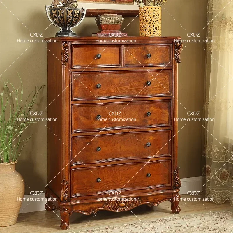 Solid Wood Chest of Drawers Retro Pastoral Style Storage Cabinet with Multiple Drawers European American Vintage Bedroom