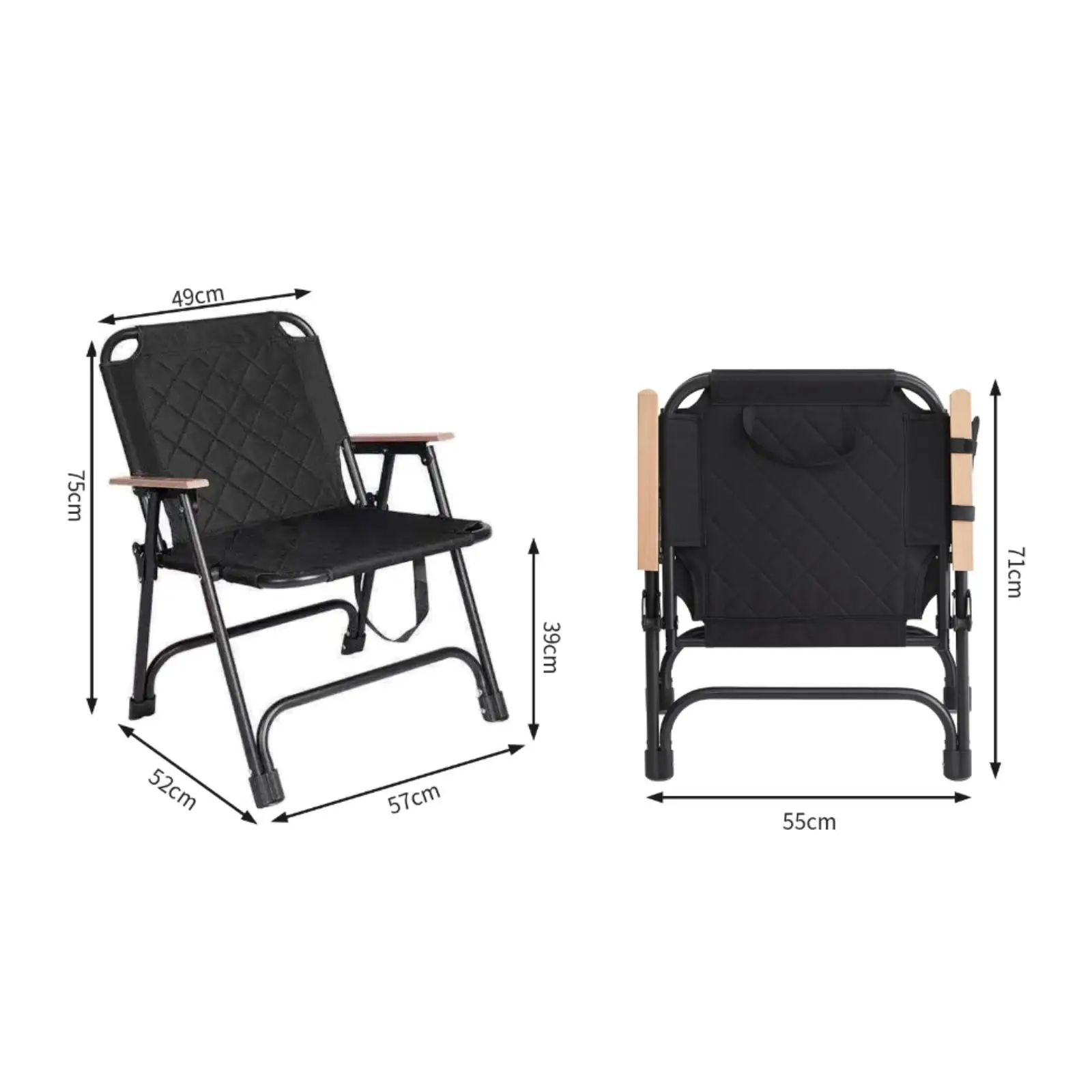 Outdoor Folding Chair with Wooden Armrests and Steel Frame Quilted Padded Seat for Camping Fishing Beach Garden Terrace