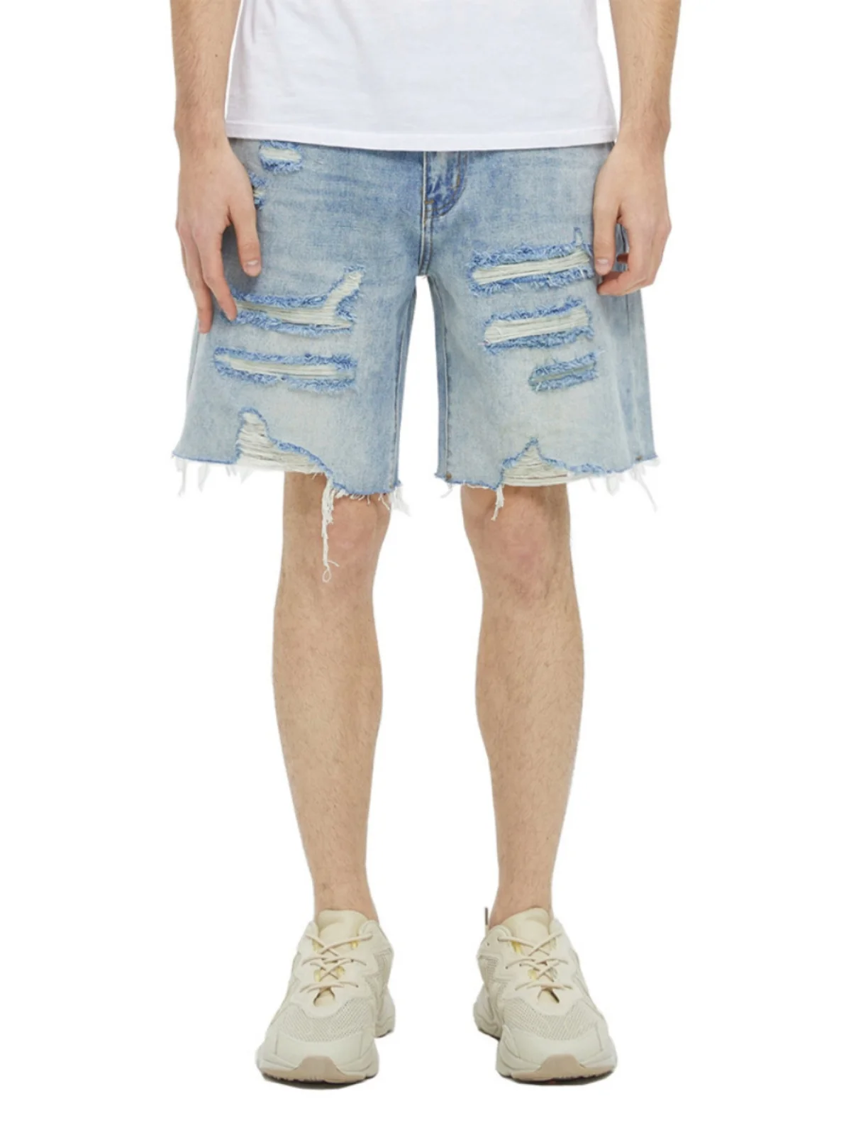 

Trendy Ripped Denim orts High Waist Straight Leg American Sle Summer Men's Faionable Blue Jeans ort Pants