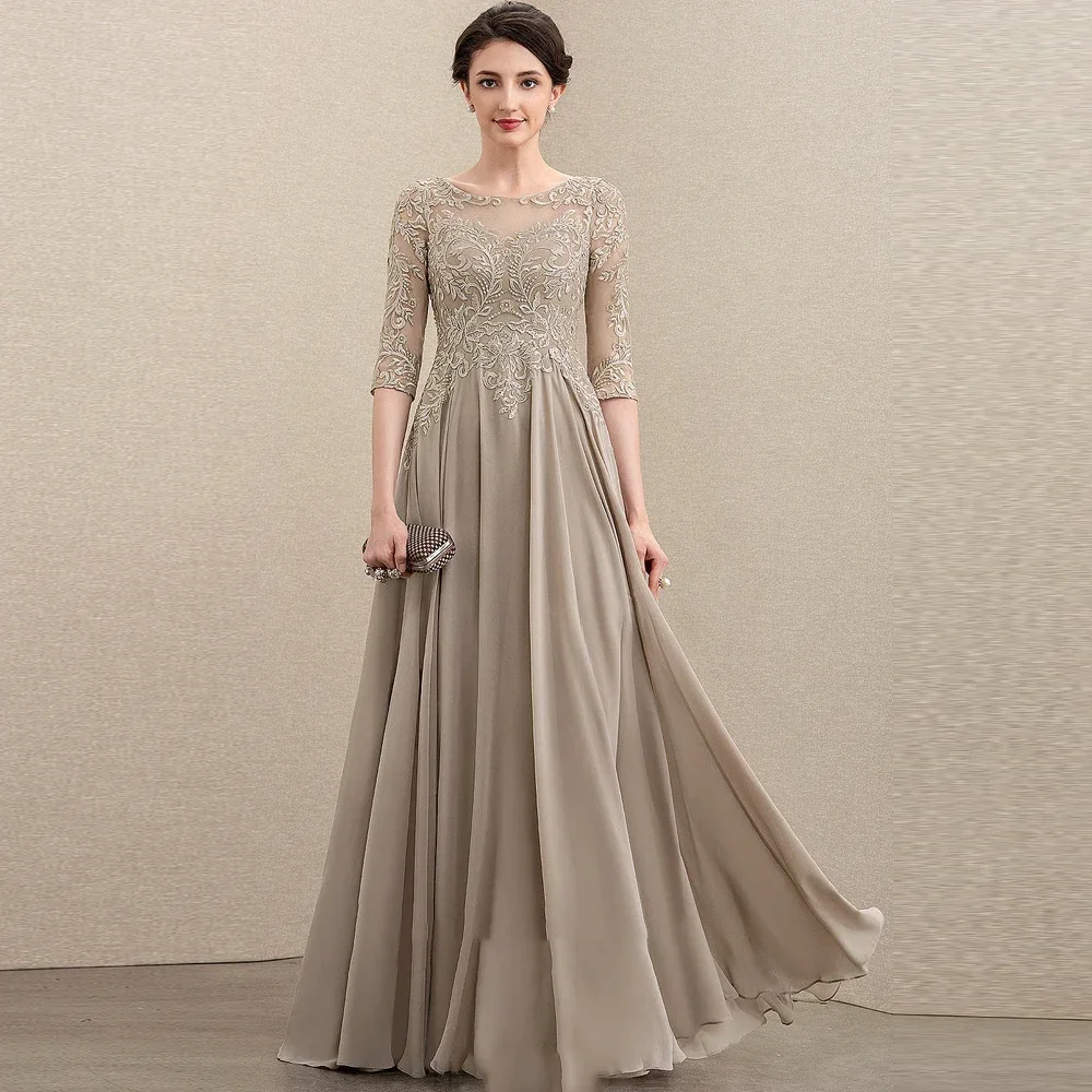 

Customized Classic Mother of the Bride Dresses For Wedding 3/4 Sleeves A-Line Floor-Length Chiffon Wedding Party Gowns